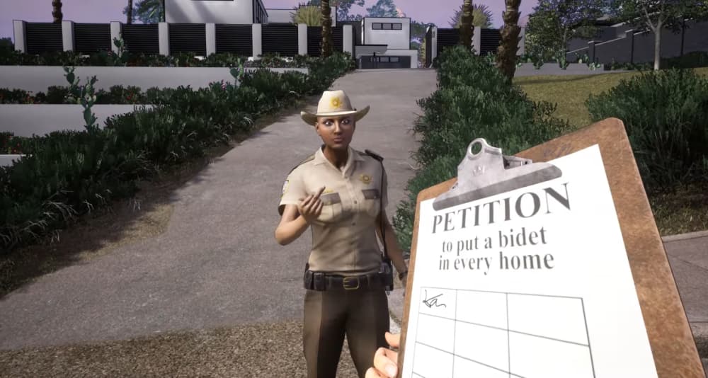 A cop flips off the Postal Dude for asking to sign his petition "to put a bidet in every home" via Postal 4: No Regerts (2022) Running with Scissors