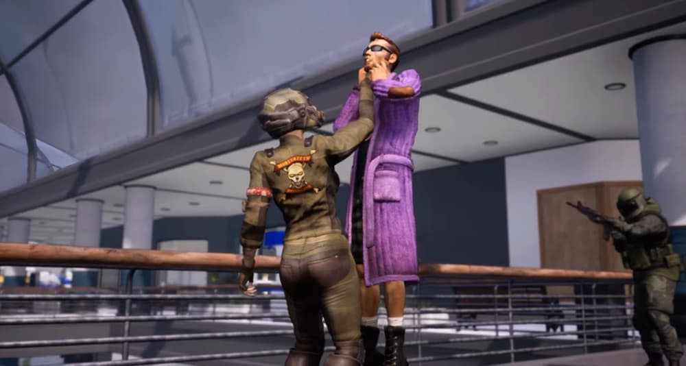 The Postal Dude is choked by a soldier via Postal 4: No Regerts (2022) Running with Scissors