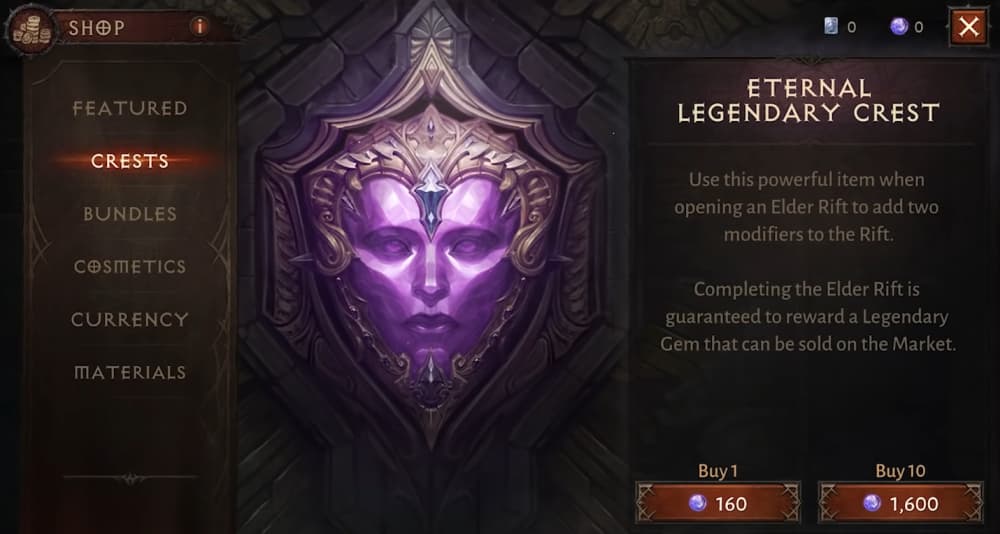 The shop screen where players can spend Eternal Orbs to buy Eternal Legendary Crests via Diablo Immortal (2022), Blizzard Entertainment