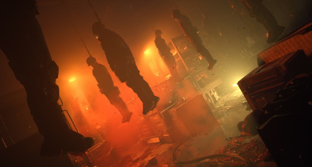 The corpses of Black Iron Prison guards hang from fleshy tendrils via The Callisto Protocol (2022), Krafton