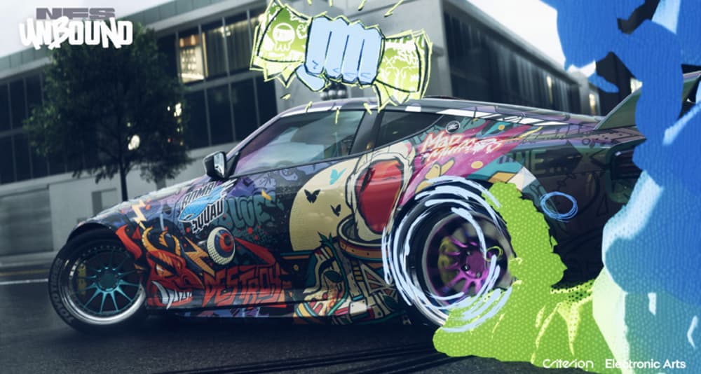 A street racer peels out with graffiti-style smoke behind him, and a fist tightly grabbing money above via Need for Speed Unbound (2022), Electronic Arts