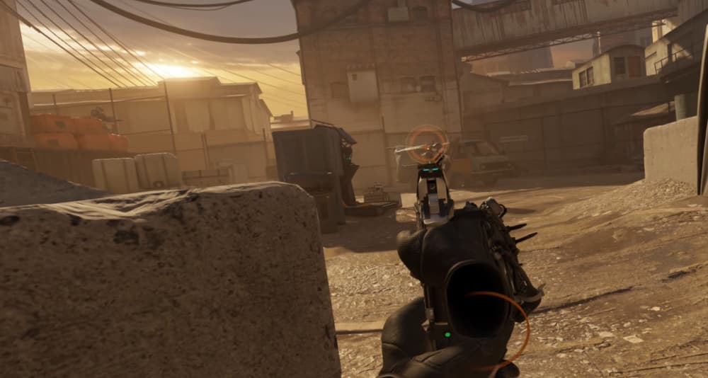Alyx lines up a shot against a Combine Grunt's gas canister with her pistol via Half-Life: Alyx (2020), Valve