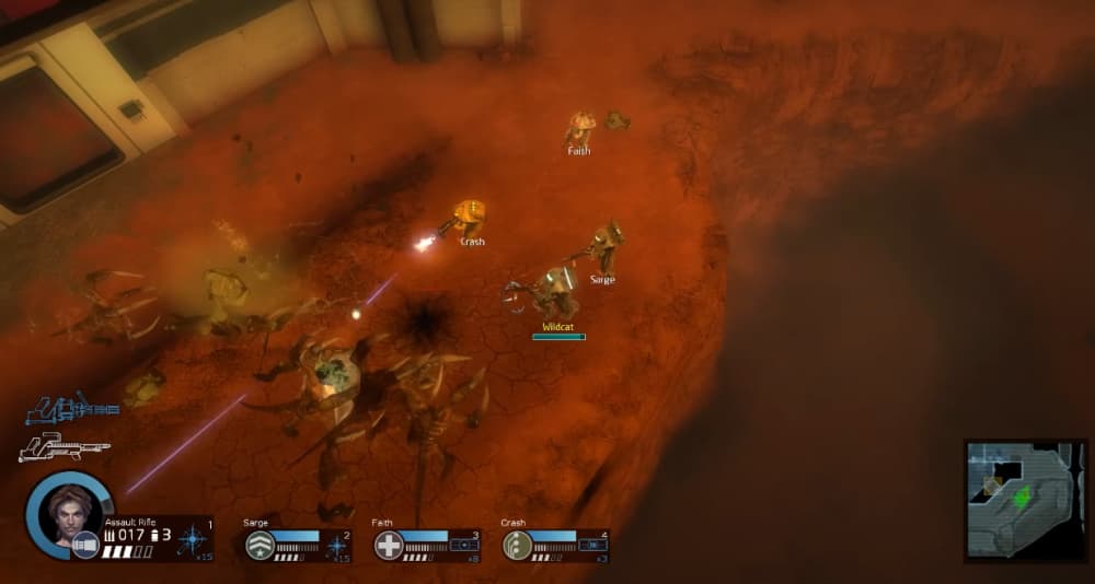 Marines Wildcat, Crash, Sarge, and Faith fend off alien hordes via Alien Swarm (2010), Valve