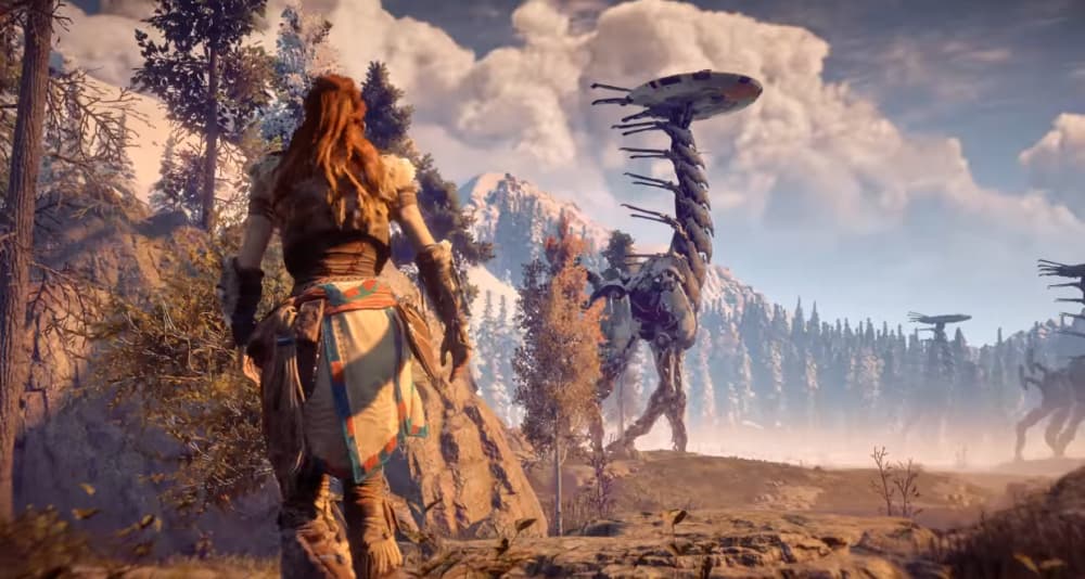 Aloy looks out on a heard of Tallnecks via Horizon Zero Dawn (2017), Sony Interactive Entertainment
