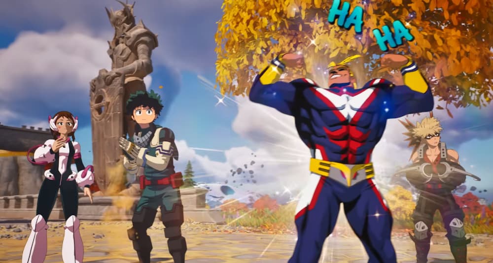 Ochaco Uraraka, Izuku Midoriya, All Might, and Katsuki Bakugo from My Hero Academia celebrate a win via Fortnite (2017), Epic Games