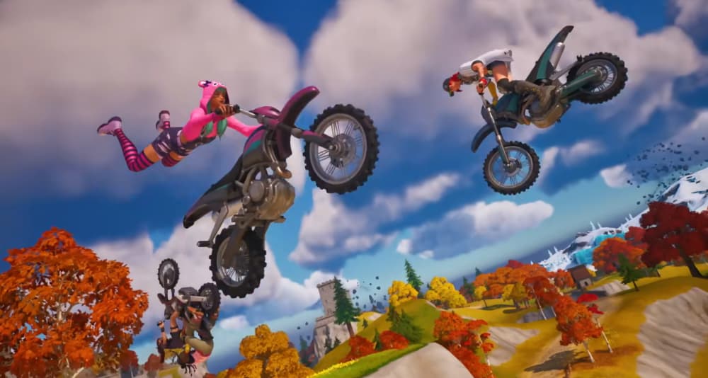 Players perform stunts on motorbikes during Chapter 4 Season 1 via Fortnite (2017), Epic Games