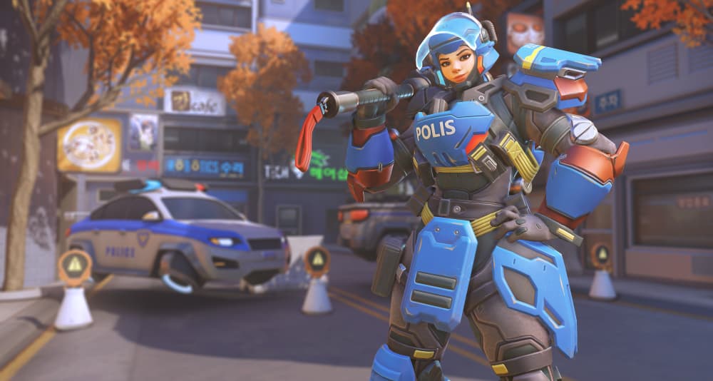 Brigitte in her Riot Police skin during the Anniversary Remix event via Overwatch (2016), Blizzard Entertainment