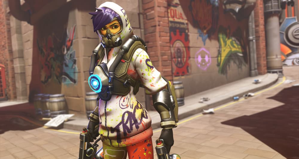 Tracer in her Tagged Tracer skin during the Anniversary Remix event via Overwatch (2016), Blizzard Entertainment