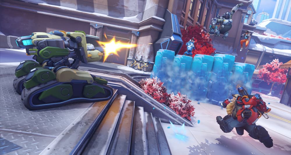Bastion and Torbjörn duke it out against Mei, Winston, and Tracer via Overwatch 2 (2022), Blizzard Entertainment
