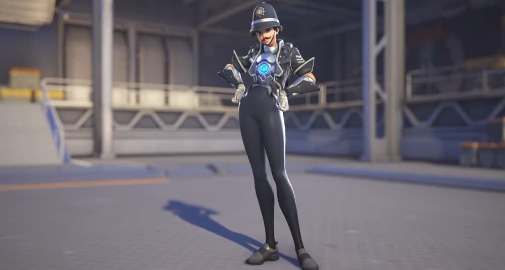 A full body shot of Tracer in her Constable Tracer skin via Overwatch 2 (2022), Blizzard Entertainment
