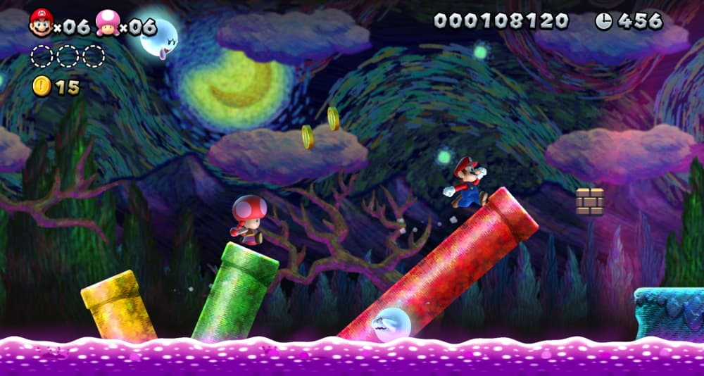 Mario and Toadette run through a spooky level with a painted art style, complete with toxic water and Boos via New Super Mario Bros. Deluxe (2019), Nintendo