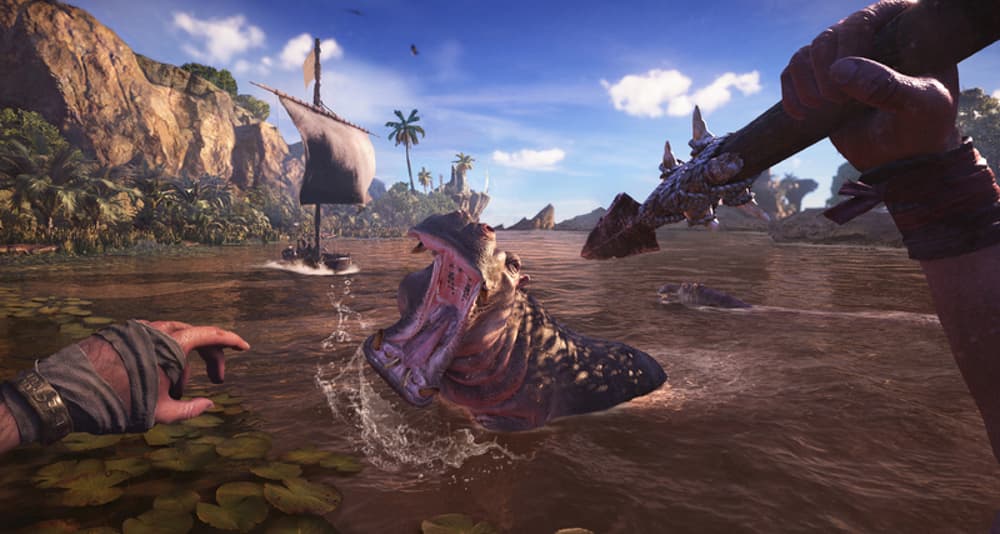 The player readies a spear against a territorial hippo via Skull and Bones (2023), Ubisoft