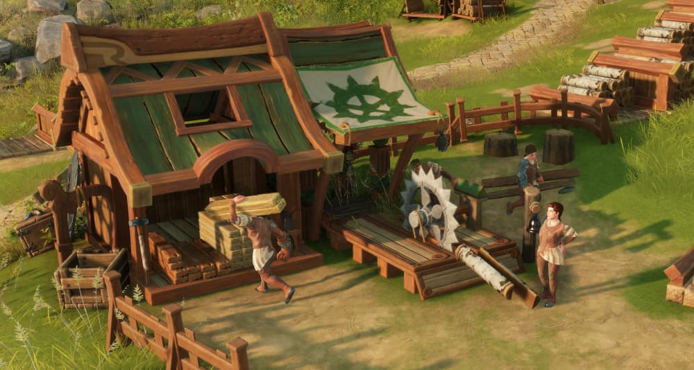 Workers run the sawmill, turning birch trees into lumber via The Settlers: New Allies (2023), Ubisoft