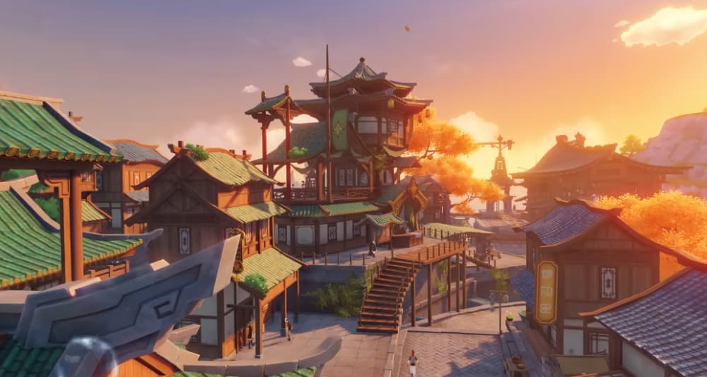 The sun sets over Liyue Harbor Sunset via Genshin Impact (2020), miHoYo