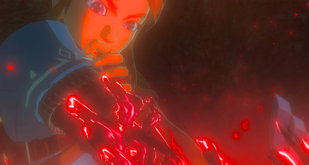 Link looks horrified as his arm is engulfed by dark and eldritch energy via The Legend of Zelda: Tears of the Kingdom (2023), Nintendo