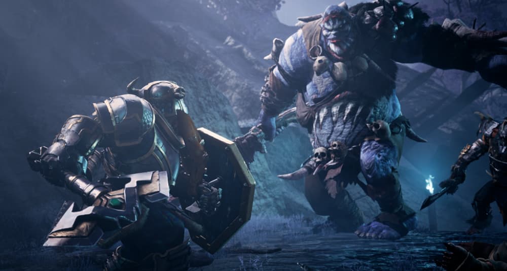 Bruenor Battlehammer, the Dwarf Fighter, readys for battle against the Verbeeg Mogthump the Sticker via Dungeons & Dragons: Dark Alliance (2021), Wizards of the Coast