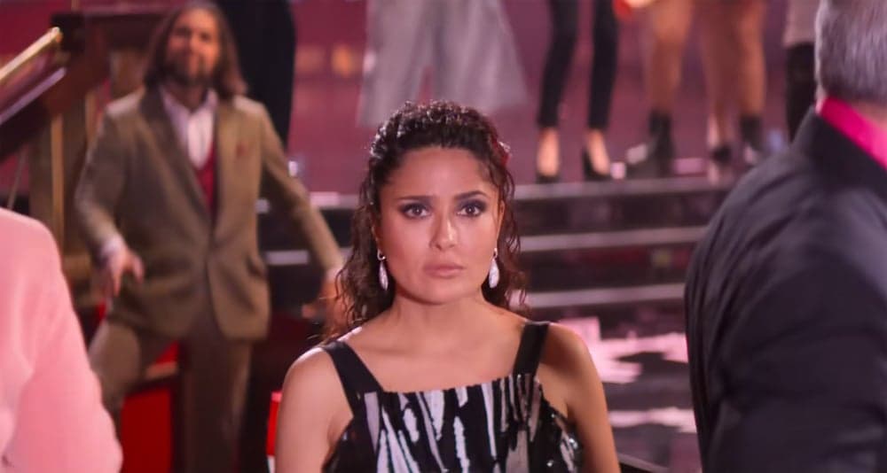 Salma Hayek looking wet and distressed in the movie 'Magic Mike's Last Dance' (2023).