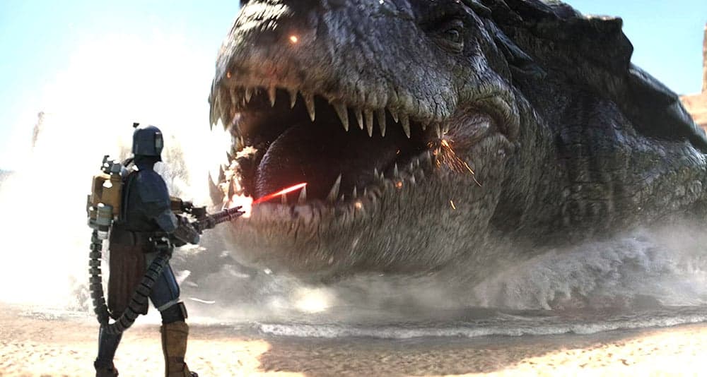 Mandalorians battle a dangerous creature in 'The Mandalorian' (2023), Disney+