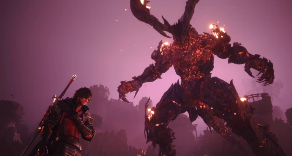 Clive Rosfield (Yuma Uchida) stands before the might of Ifrit in Final Fantasy XVI (2023), Square Enix