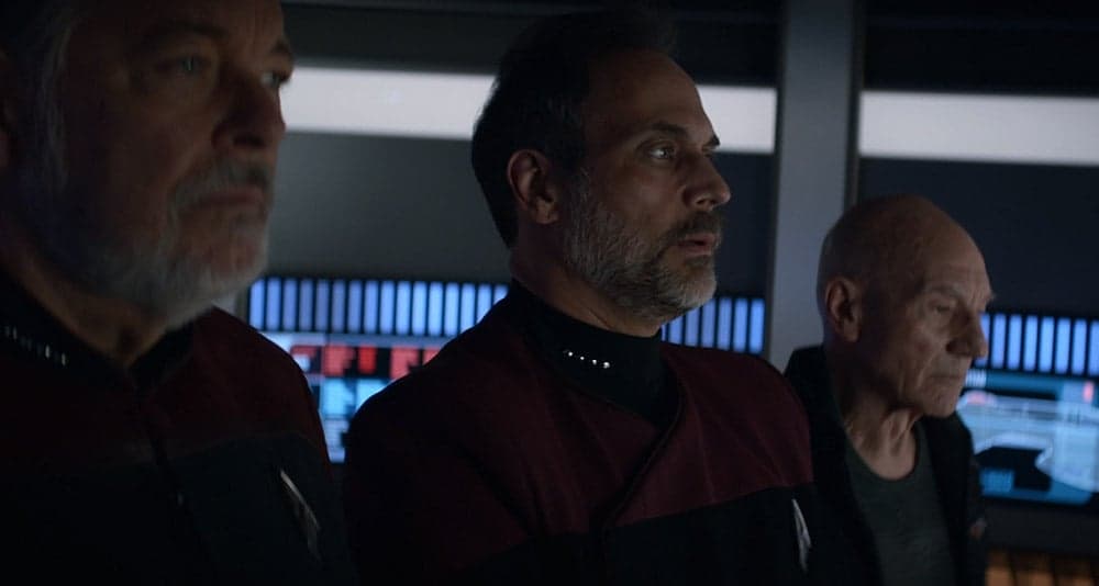 Riker, Shaw and Picard share an awkward moment in the turbolift in 'Star Trek: Picard' season 3 (2023), Paramount+
