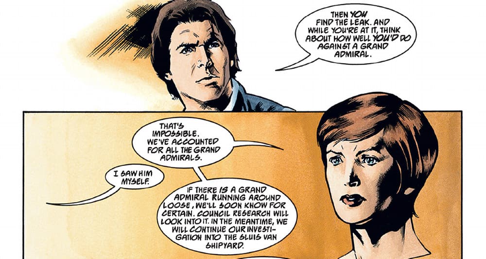 Mon Mothma learns of Grand Admiral Thrawn's existence in the Dark Horse Comics adaptation of 'Star Wars: Dark Force Rising,' Marvel