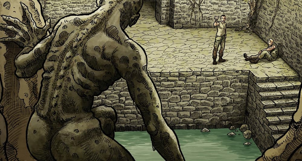 A monster approaches Neil and Darnell in 'Latah' (2023), Europe Comics
