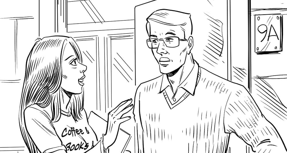 A woman talks with a man from the novel 'The Wise of Heart.'