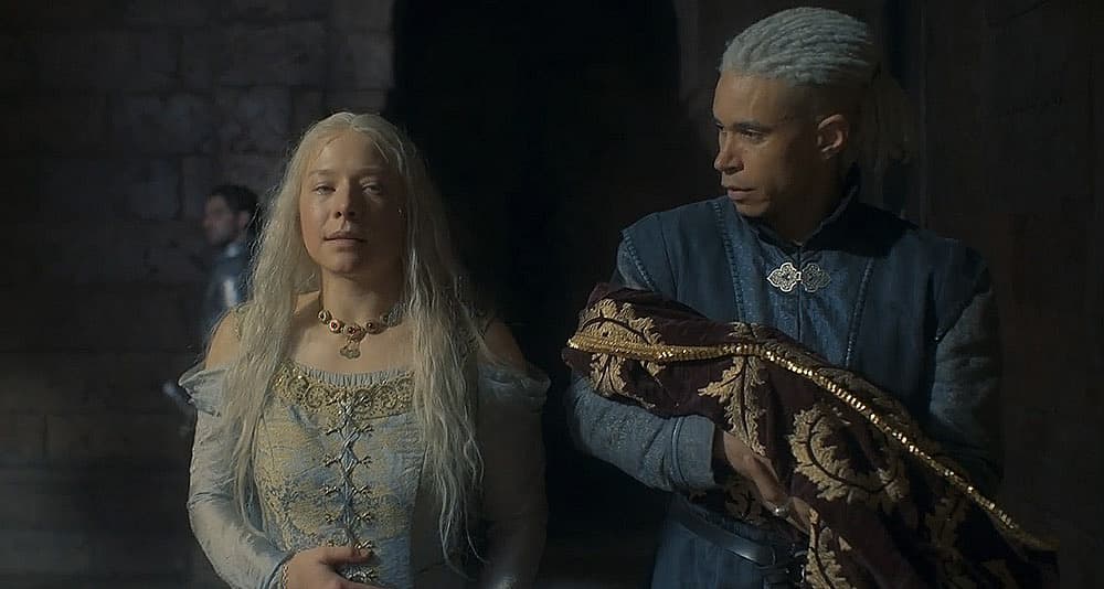 Rhaenyra, Laenor and their newborn in House of the Dragon, HBO