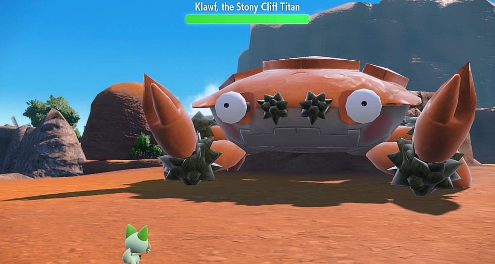 Giant Klaf, Stony Cliff Titan, faces Sprigatito in Pokémon Scarlet & Violet (2022), Nintendo