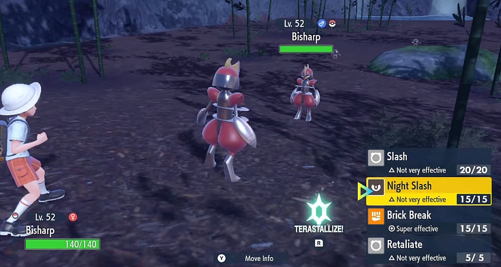 Player's Bisharp faces wild Bisharp while wild Pawniard flee in Pokémon Scarlet & Violet (2022)