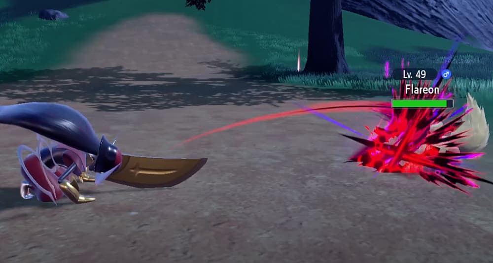 Kingambit uses Kowtow Cleave on Flareon in Pokémon Scarlet & Violet (2022), Nintendo