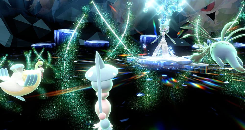 Tera Raid Battle featuring Tsareena, Pelipper, Hatterene, Water Tera-Type Gardevoir in Pokémon