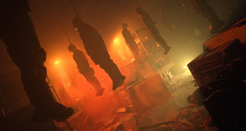 Black Iron Prison guard corpses hang from fleshy tendrils in The Callisto Protocol (2022), Krafton