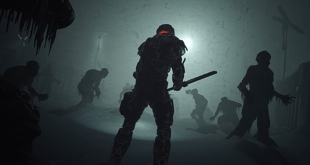 Jacob Lee walks through snowstorm with frozen Grunt Biophage in The Callisto Protocol (2022)