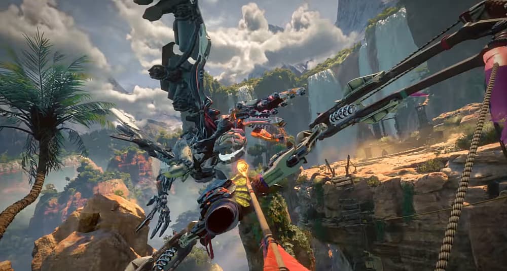 Players aim an explosive arrow at a Glinthawk in Horizon Call of the Mountain (2023), Sony