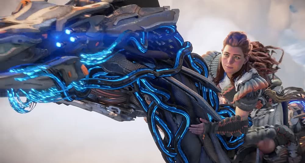 Aloy rides a Sunwing above the clouds in Horizon Forbidden West (2022), Sony Interactive