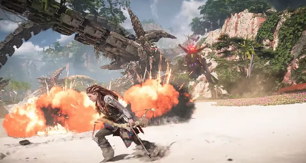 Aloy scrambles from a Dreadwing's explosive ordnance in Horizon Forbidden West (2022), Sony