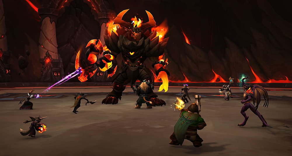 Players stand against Eranog in The Vault of the Incarnates in World of Warcraft: Dragonflight