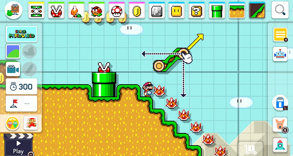 The player edits a level in the Super Mario World style via Super Mario Maker 2 (2019), Nintendo