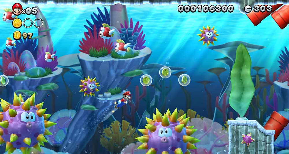 Mario swims through underwater level with Cheep-Cheeps and Urchins via New Super Mario Bros. Deluxe
