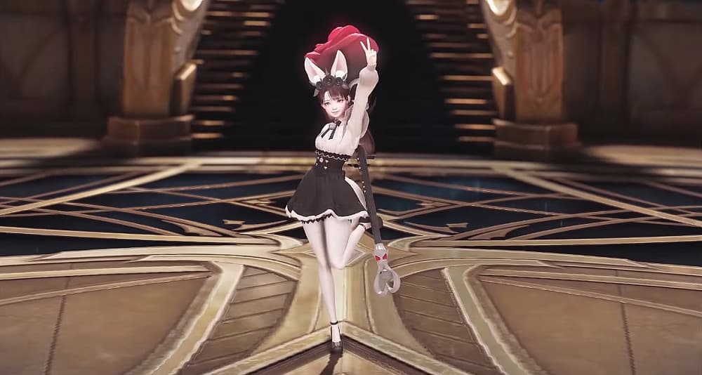 Artist in gothic lolita clothing with giant rose staff flashes peace sign in Lost Ark (2019)