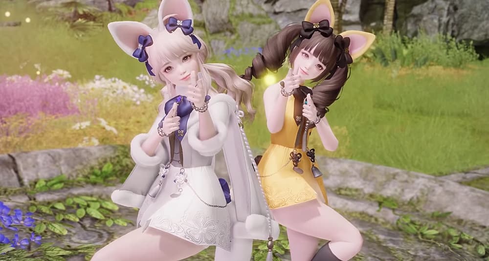 Pair of Artists in Founders pack outfits shoot finger guns in Lost Ark (2019), Amazon Games