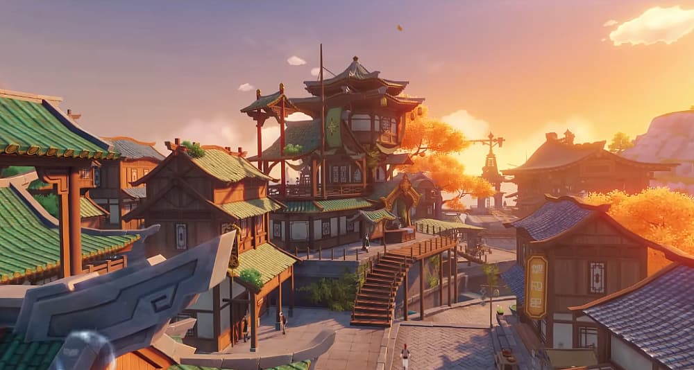The sun sets over Liyue Harbor Sunset via Genshin Impact (2020), miHoYo