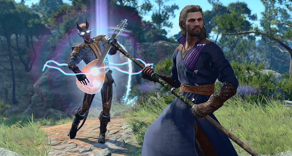 Tiefling Bard uses powers while human ally stands battle-ready in Baldur's Gate III (2023), Larian