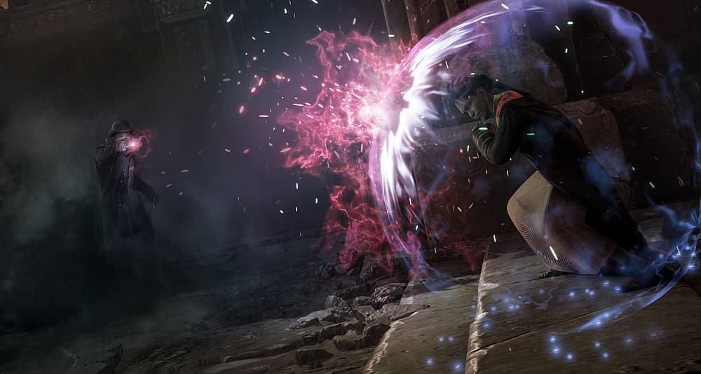 Player casts magical shield against dark wizard in Hogwarts Legacy (2022), Warner Bros. Interactive