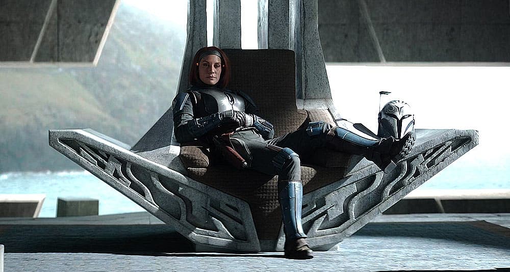 Bo-Katan Kryze sitting alone on a throne in 'The Mandalorian' (2023), Disney+