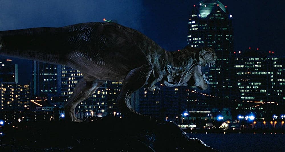 A T-Rex hits the mainland in 'The Lost World: Jurassic Park' (1997), Universal Pictures