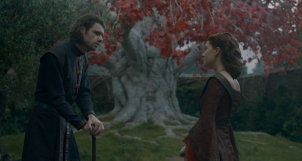 Queen Alicent speaks to Larys Strong in House of the Dragon, HBO