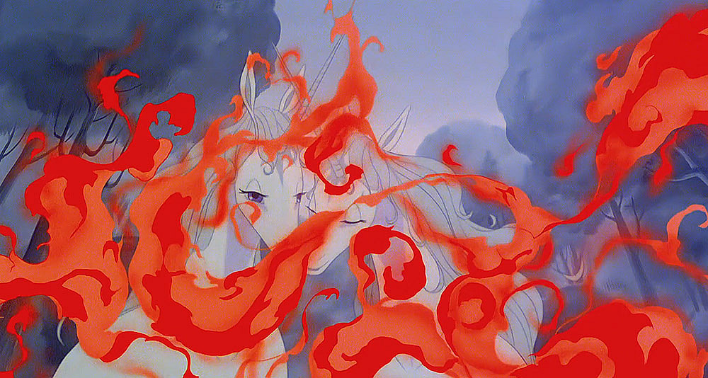 Two Unicorns attacked by the Red Bull in The Last Unicorn, Rankin/Bass Productions