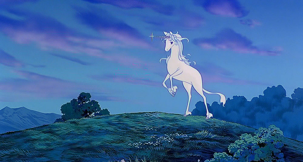 The Unicorn on a hilltop in The Last Unicorn, Rankin/Bass Productions